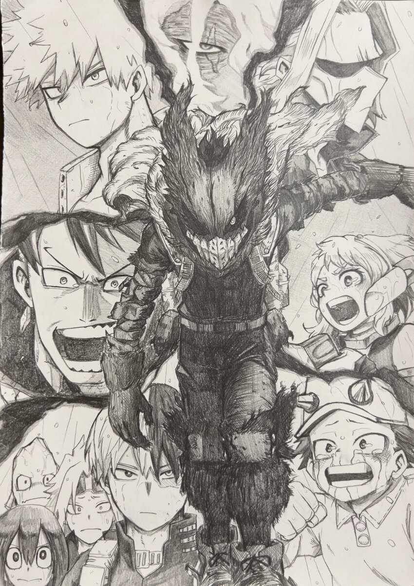 2girls, 6+boys, all_might, arm_at_side, asui_tsuyu, backpack, bag, bakugou_katsuki