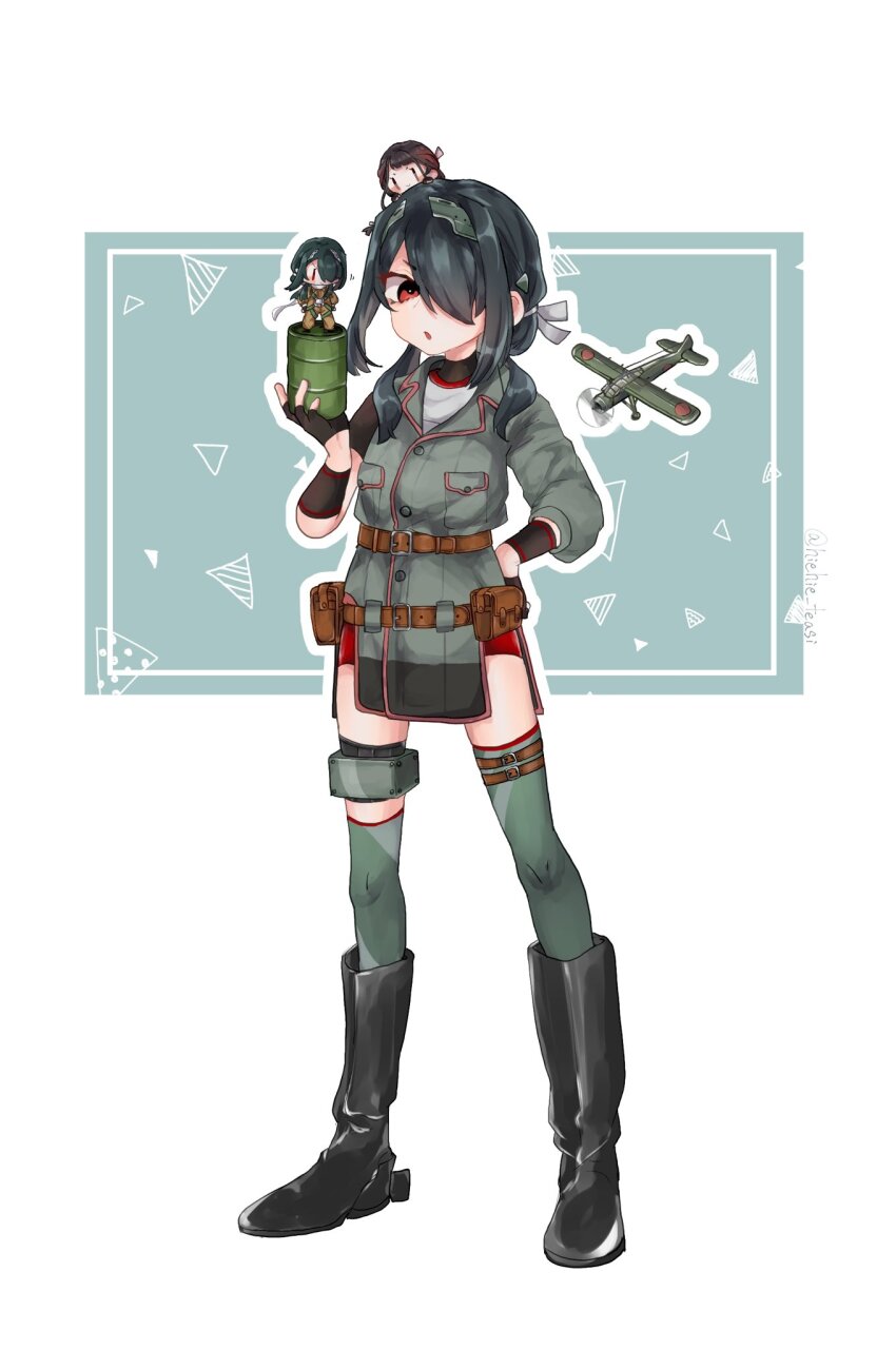 3girls, aircraft, aircraft_request, airplane, asymmetrical_legwear, belt, belt_pouch, black_footwear