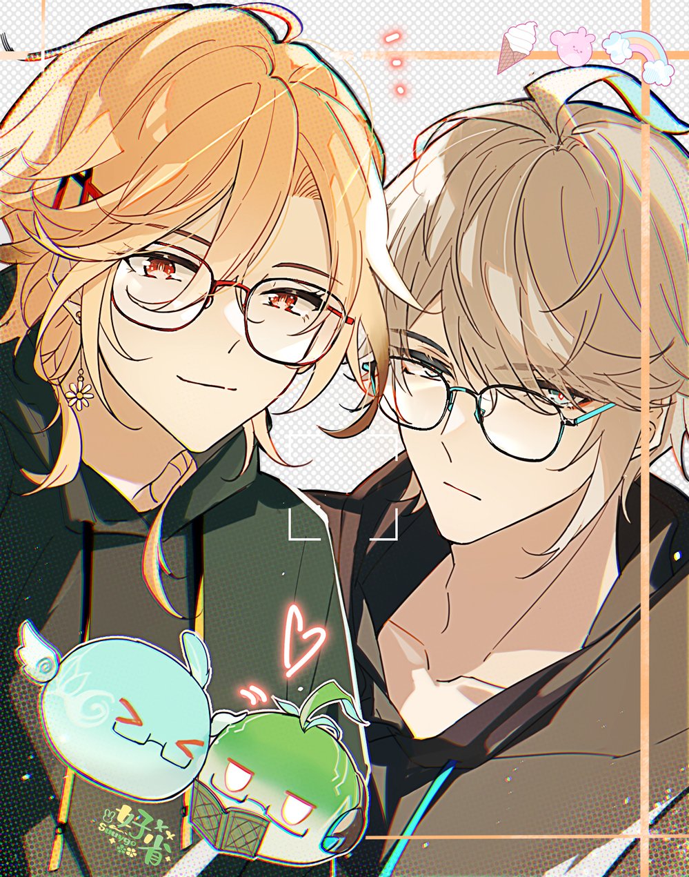 >_<, 2boys, ahoge, alhaitham_(genshin_impact), alternate_costume, blonde_hair, book, close-up