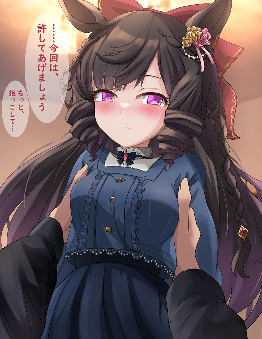 1girl, averting_eyes, black_hair, blurry, blurry_background, blush, bow, breasts