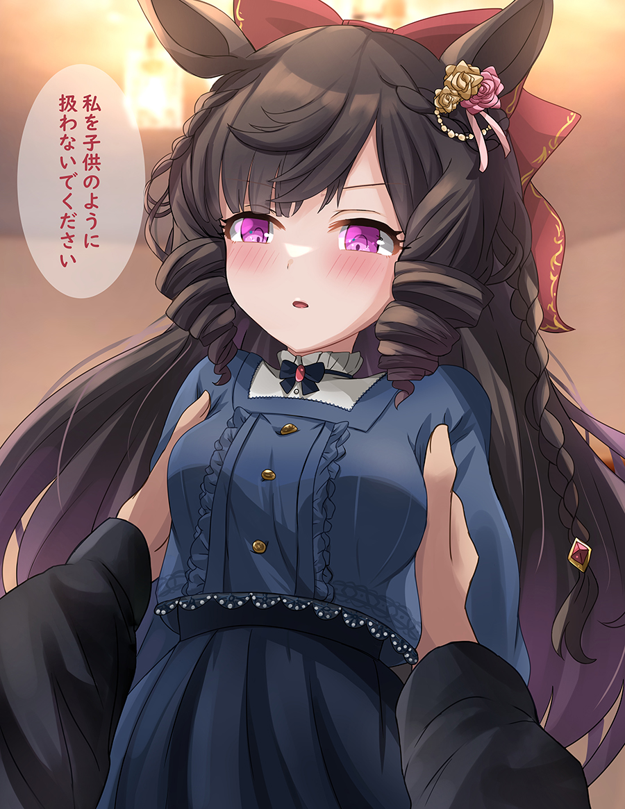 1girl, black_hair, blurry, blurry_background, blush, bow, breasts, casual