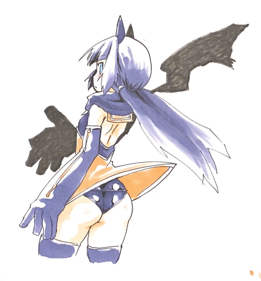 1girl, akeikou, animal_ears, ass, black_hair, blue_eyes, cat_ears, elbow_gloves, gloves, highres, long_hair, looking_at_viewer, medarot, medarot_8, patsura_(medarot), scarf, simple_background, solo, thighhighs, twintails, white_background