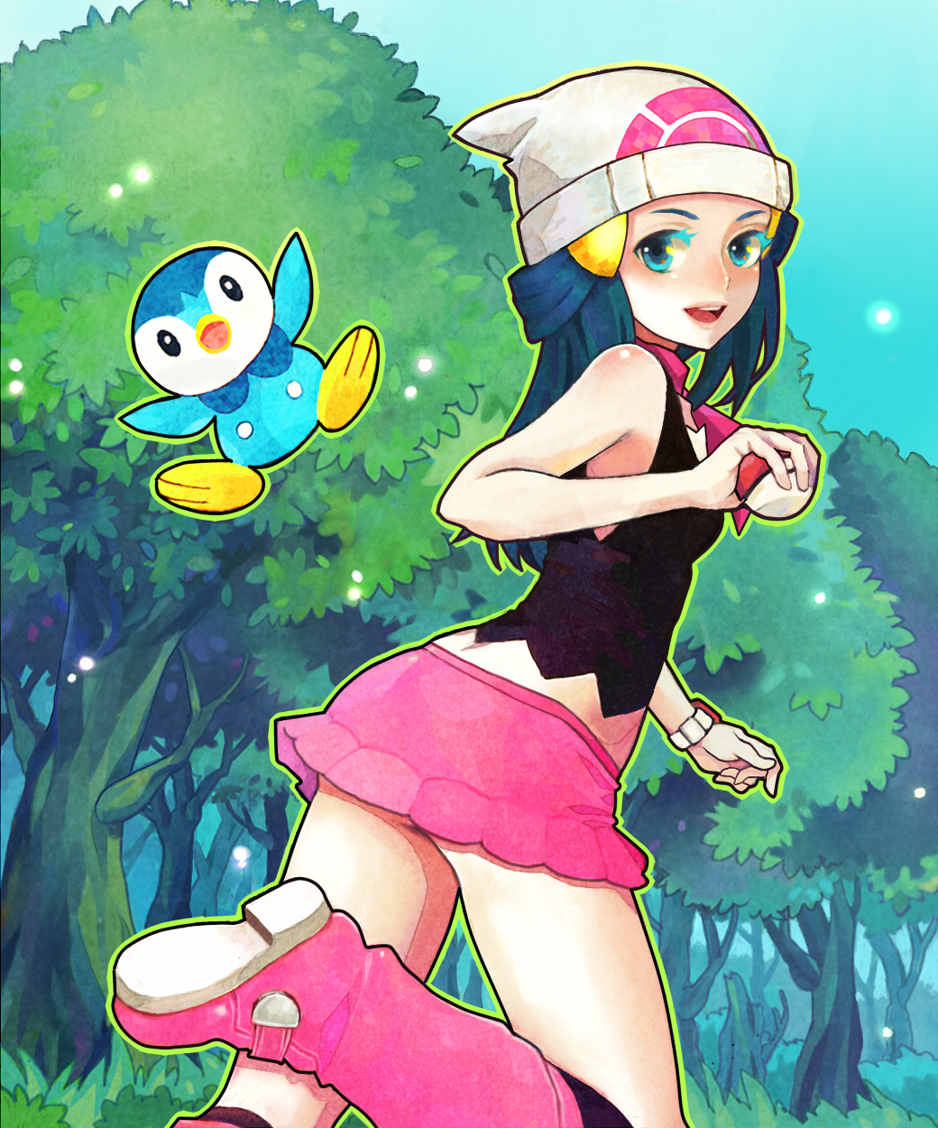 1girl, beanie, blue_eyes, blue_hair, boots, dawn_(pokemon), day, forest