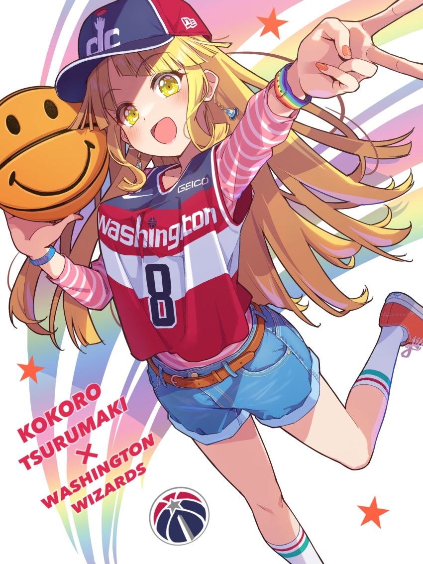 1girl, :d, arm_up, ball, bang_dream!, bang_dream!_girls_band_party!, basketball, basketball_(object), basketball_jersey, belt, belt_buckle, blonde_hair, blue_hat, blue_shorts, blush, bracelet, brown_belt, buckle, character_name, chinatown_market, commentary_request, cosplay, denim, denim_shorts, diagonal_bangs, earrings, eyelashes, fingernails, geico, hachimura_rui, hachimura_rui_(cosplay), hand_up, hat, highres, holding, holding_ball, jersey, jewelry, leg_up, logo, long_hair, long_sleeves, looking_at_viewer, multicolored_hat, nail_polish, national_basketball_association, new_era, nike_(company), open_mouth, orange_nails, parted_bangs, pink_shirt, rainbow, rainbow_bracelet, red_hat, red_shoes, shirt, shoes, shorts, sidelocks, simple_background, smile, socks, solo, star_(symbol), striped_clothes, striped_shirt, tsurumaki_kokoro, v, washington_wizards, white_background, white_socks, wristband, yazawa_happyaro, yellow_eyes