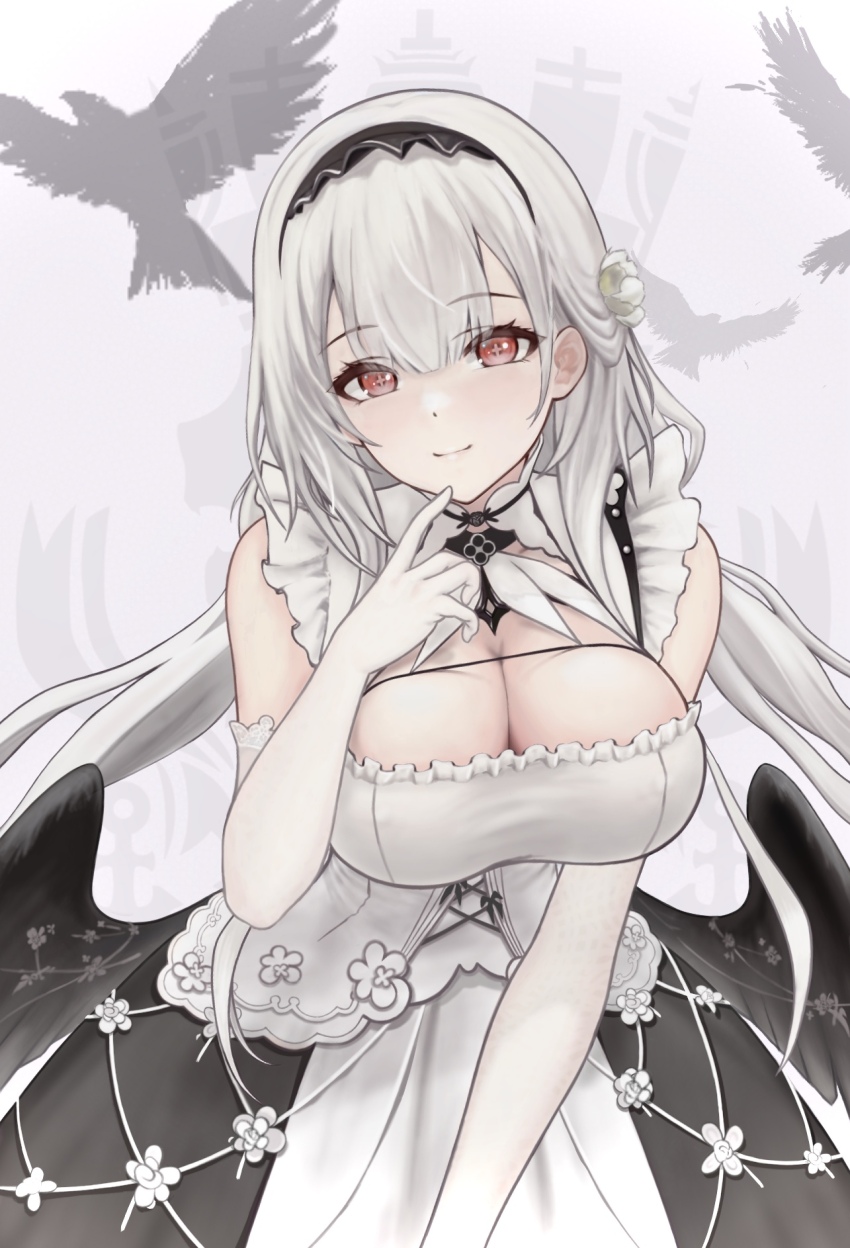 +_+, 1girl, azur_lane, bird, black_wings, breasts, clothing_cutout, collar