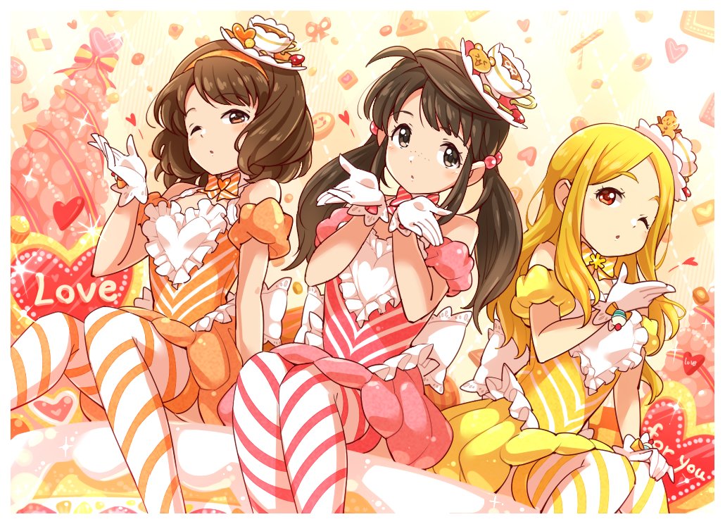 aopanda, bare_shoulders, black_eyes, black_hair, blonde_hair, blowing_kiss, bow, brown_eyes