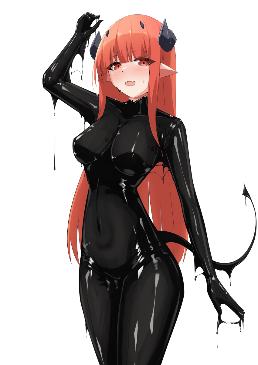 1girl, absurdres, arm_up, black_bodysuit, blush, bodysuit, breasts, covered_erect_nipples