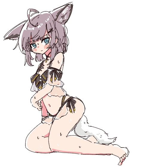 1girl, animal_ears, arknights, barefoot, bikini, nikukabe, solo, sussurro_(arknights)