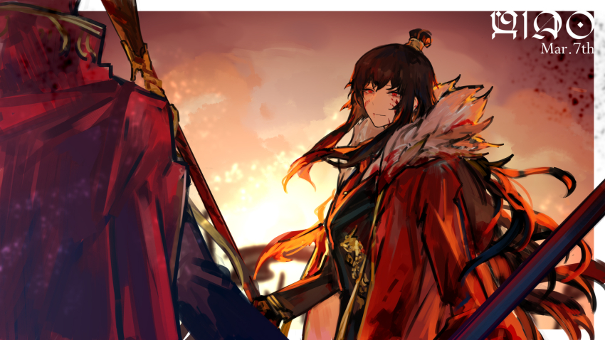 1boy, 1girl, black_hair, black_jacket, blood, blood_on_face, breasts, cape