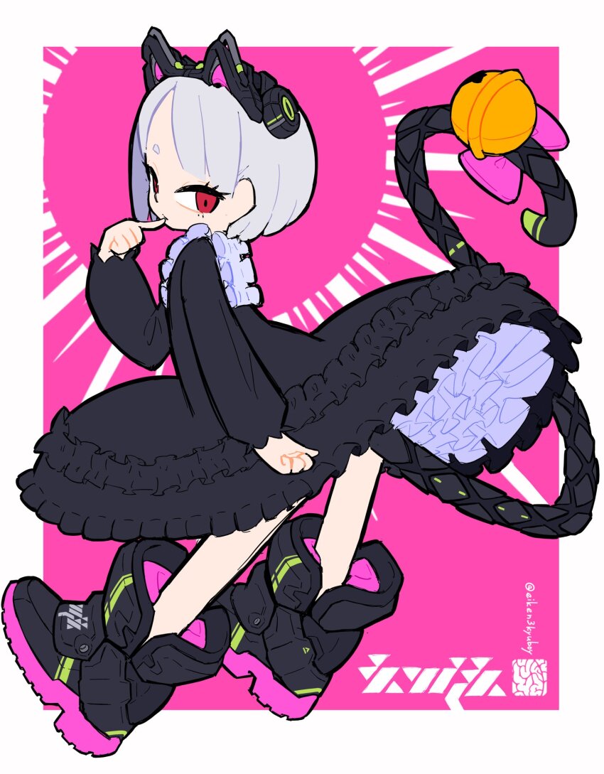 1girl, animal_ear_headphones, animal_ears, bell, black_dress, bloomers, bob_cut, boots