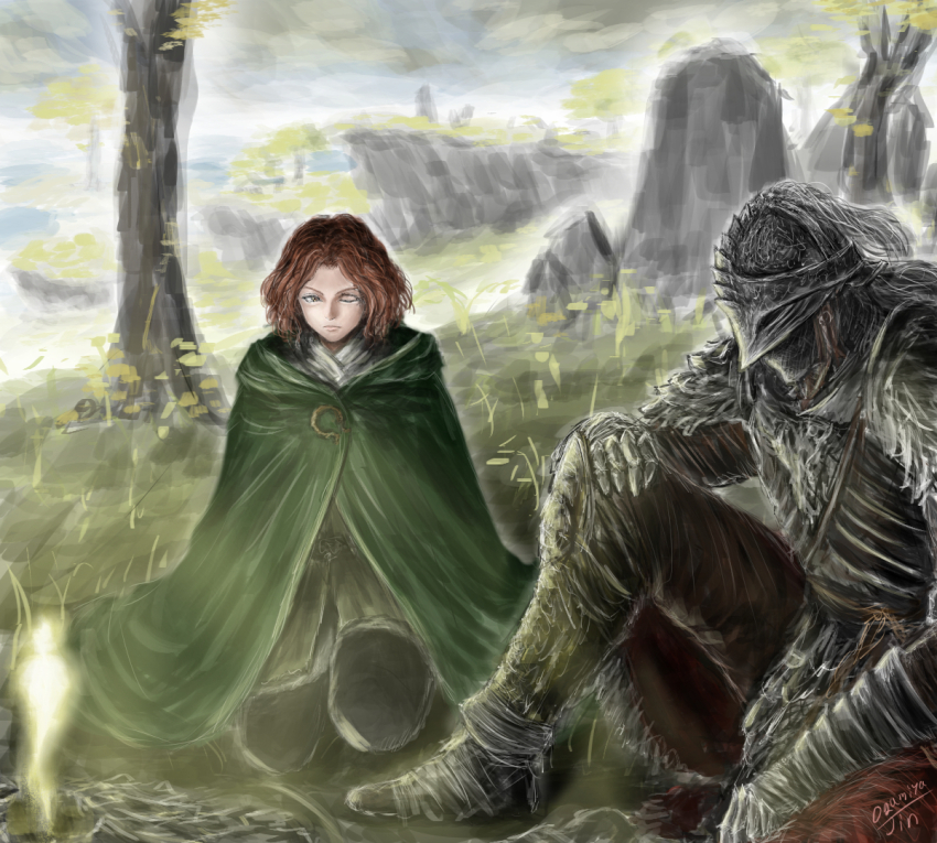 1boy, 1girl, 1other, ambiguous_gender, armor, brown_eyes, brown_hair, brown_tunic