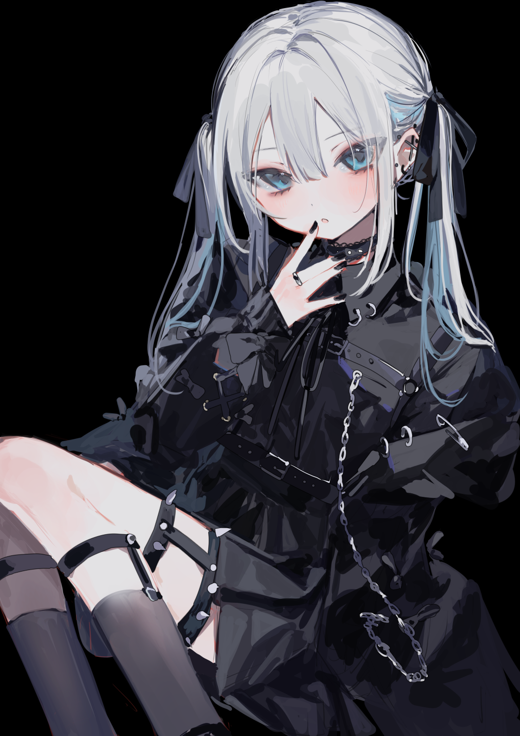1girl, :o, black_background, black_bow, black_shirt, blue_eyes, bow, chain, choker, dot_nose, ear_piercing, earrings, finger_to_mouth, garter_straps, grey_socks, hair_between_eyes, hair_bow, highres, jewelry, jirai_kei, long_hair, long_sleeves, looking_at_viewer, nail_polish, null1040, original, parted_lips, piercing, ring, shirt, simple_background, sitting, skinny, socks, solo, spiked_thighlet, twintails, white_hair
