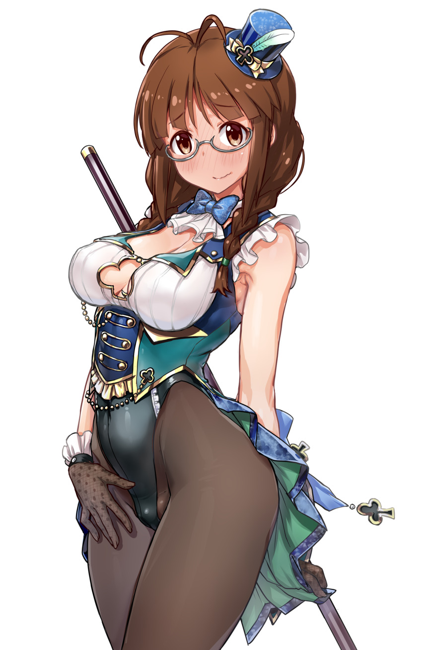 1girl, akizuki_ritsuko, alternate_costume, antenna_hair, armpits, ascot, black_gloves, black_leotard