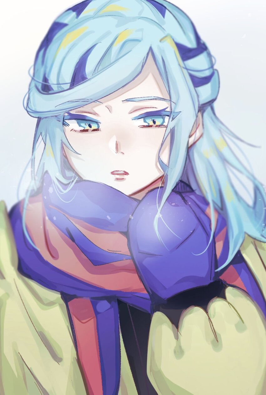 1boy, blue_eyes, blue_hair, gloves, grusha_(pokemon), highres, jacket, kie_(sbms1997), long_hair, male_focus, nintendo, open_mouth, parted_lips, pokemon, pokemon_scarlet_and_violet, scarf, simple_background, solo, trap, upper_body