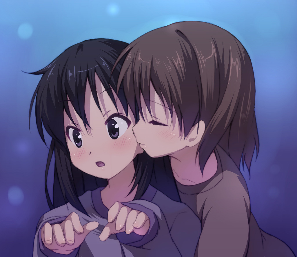 2girls, alternate_hairstyle, black_eyes, black_hair, brown_hair, closed_eyes, hair_down, hirasawa_ui, k-on!, kiss, long_hair, multiple_girls, nakano_azusa, pajamas, senji_(artist), senji_(tegone_spike), short_hair, surprised, yuri