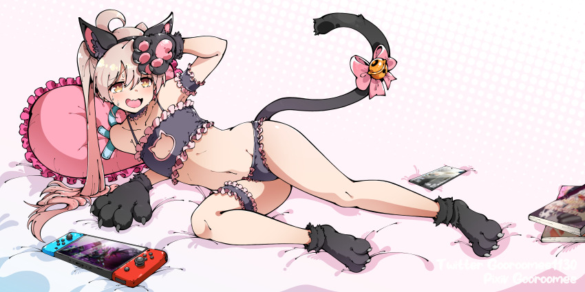 1girl, absurdres, ahoge, animal_ears, animal_hands, cat_ears, cat_lingerie, cat_paws, cat_tail, cleavage_cutout, clothing_cutout, commentary, english_commentary, flat_chest, gooroomee, handheld_game_console, highres, long_hair, lying, navel, nintendo_switch, on_side, onii-chan_wa_oshimai!, oyama_mahiro, pillow, ribbon, solo, tail, tail_ornament, tail_ribbon, thigh_strap, twintails
