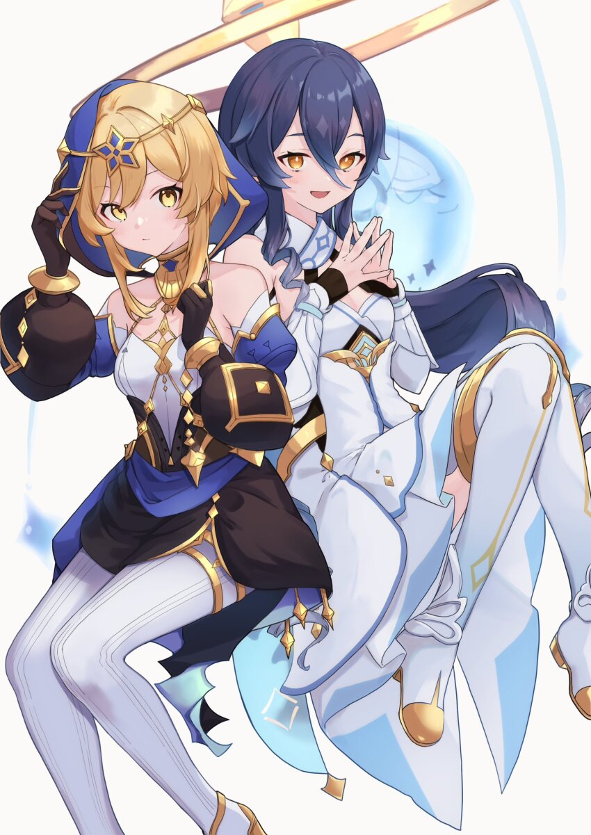 2girls, bare_shoulders, black_gloves, blonde_hair, blue_hair, breasts, claw_ring, cosplay, costume_switch, crossover, detached_sleeves, dress, drill_hair, drill_sidelocks, fingerless_gloves, flower, genshin_impact, gloves, hair_between_eyes, hair_flower, hair_ornament, highres, layla_(genshin_impact), layla_(genshin_impact)_(cosplay), long_hair, long_sleeves, looking_at_viewer, lumine_(genshin_impact), lumine_(genshin_impact)_(cosplay), medium_breasts, multiple_girls, open_mouth, puffy_sleeves, sidelocks, small_breasts, smile, very_long_hair, white_footwear, white_sleeves, yellow_eyes, yu_ri_0320