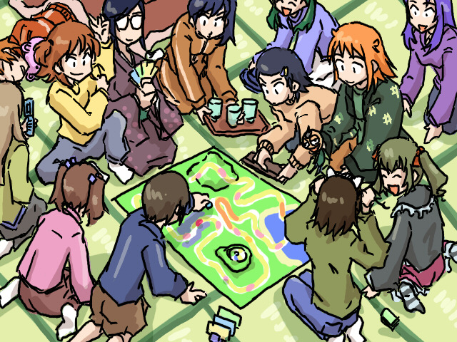 00s, 6+girls, animal_ears, back, black_hair, blonde_hair, blue_hair, brown_hair