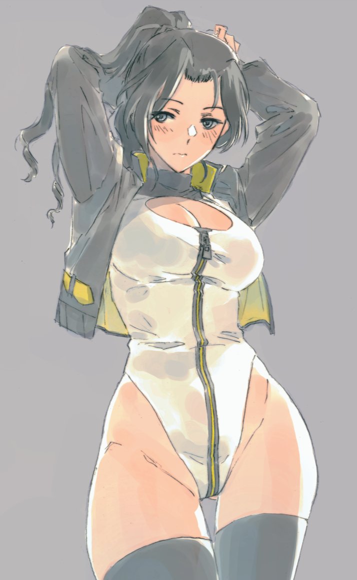 1girl, alice_gear_aegis, arms_up, black_eyes, black_hair, black_jacket, black_thighhighs, blush