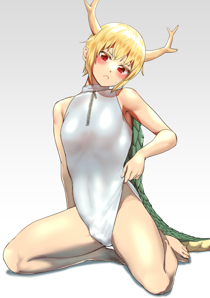 1futa, antlers, blonde_hair, blush, breasts, bulge, dragon_girl, dragon_horns, dragon_tail, futanari, highres, horns, kicchou_yachie, leotard, nekobatake, red_eyes, short_hair, simple_background, sitting, small_breasts, solo, tail, thighs, touhou, turtle_shell, wariza, white_background, white_leotard, zipper