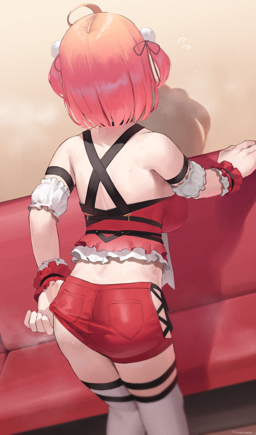 1girl, adjusting_clothes, adjusting_shorts, ahoge, arm_support, ass, back, bare_shoulders, breasts, choker, clothing_cutout, crop_top, cuffs, dutch_angle, facing_away, flat_ass, flying_sweatdrops, frikulu, from_behind, highres, hip_vent, hololive, indoors, large_breasts, leaning_forward, medium_hair, over-kneehighs, pink_hair, pocket, sakura_miko, sakura_miko_(work), shorts, solo, sweat, thighhighs, two_side_up, virtual_youtuber