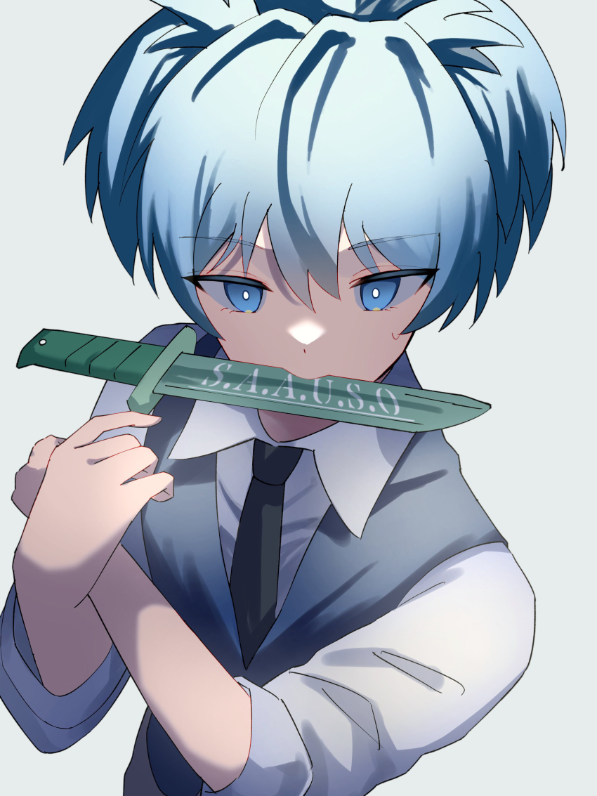 1boy, absurdres, ansatsu_kyoushitsu, black_necktie, blue_eyes, blue_hair, collared_shirt, grey_background