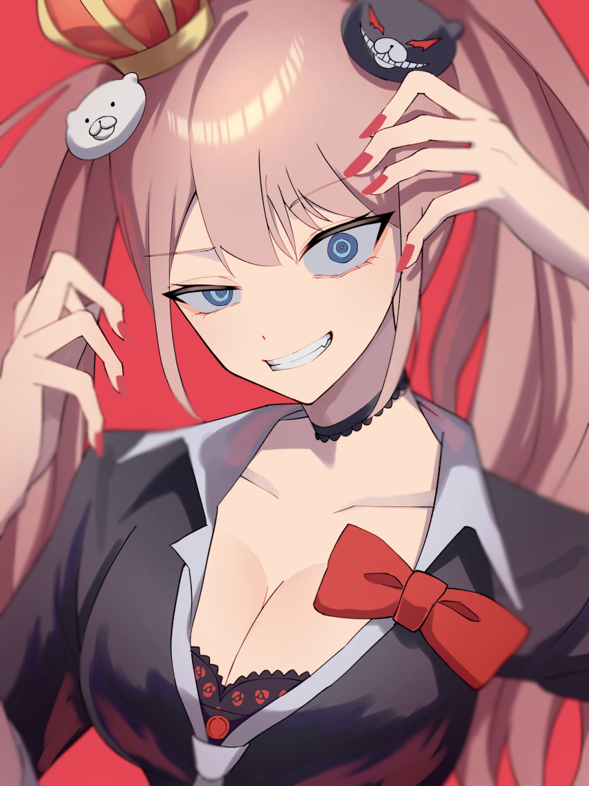 1girl, absurdres, bear_hair_ornament, black_bra, black_choker, blonde_hair, blue_eyes, bow