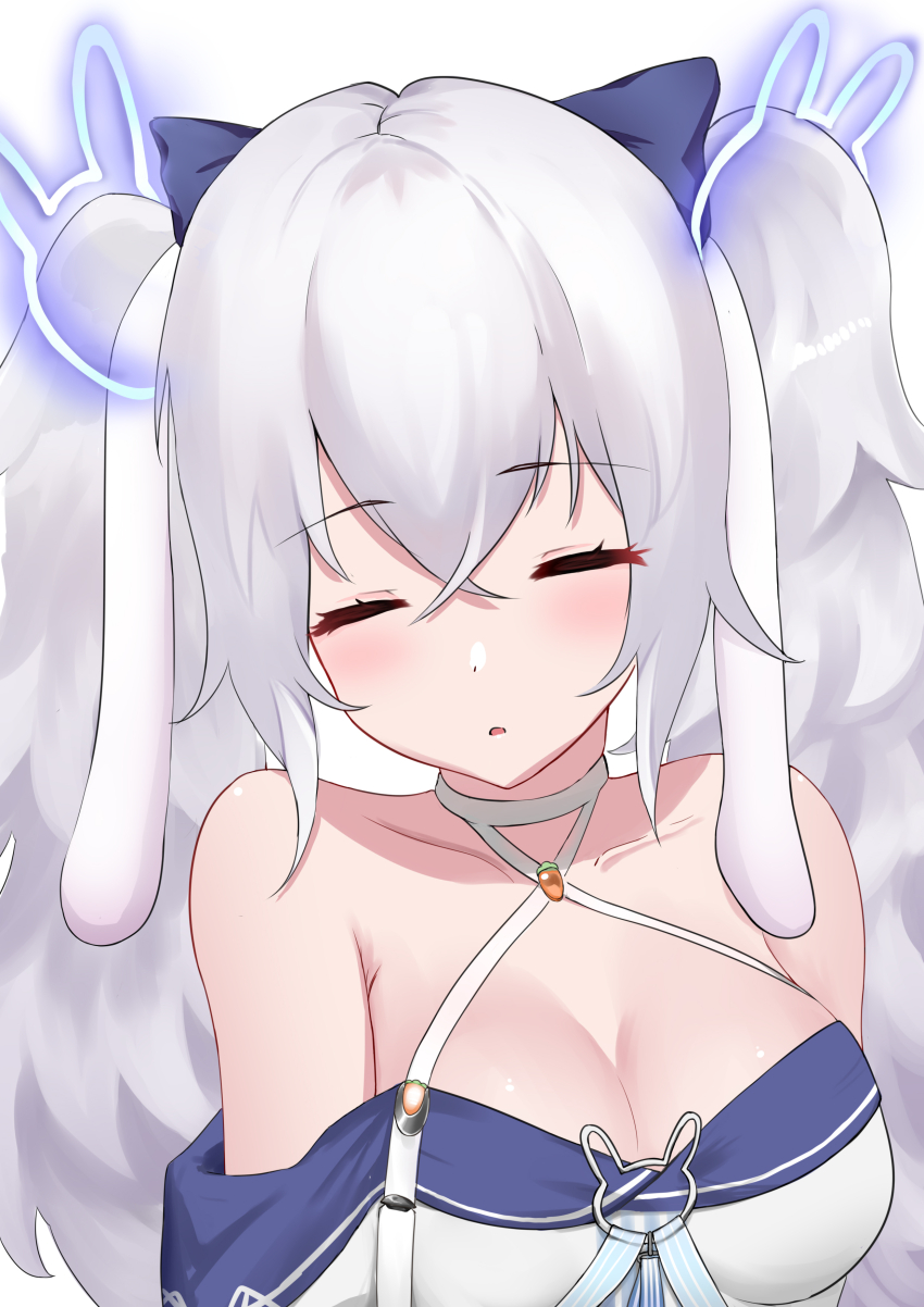 1girl, absurdres, azur_lane, bare_shoulders, blue_bow, bow, breasts, closed_eyes
