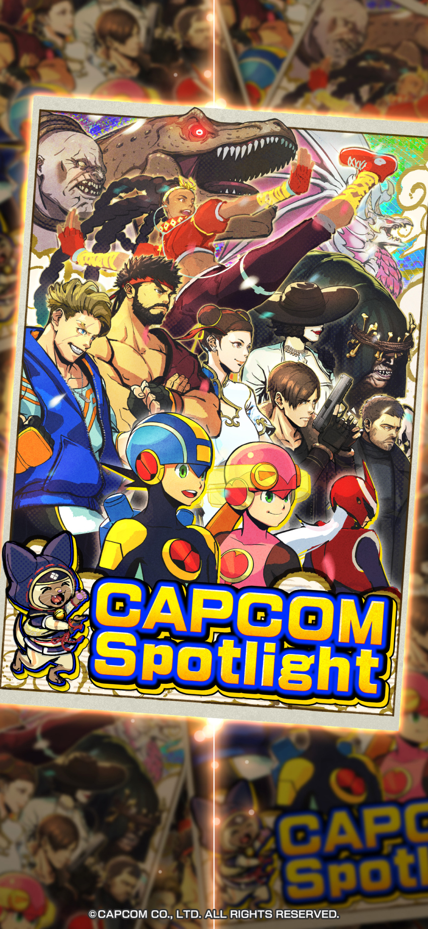 >_<, 4girls, 6+boys, absurdres, alcina_dimitrescu, animal, armor, bare_pectorals, beard, black_gloves, blue_jacket, bomber_jacket, capcom, character_request, chinese_clothes, chris_redfield, chun-li, clenched_hand, copyright_name, copyright_request, crossed_arms, crossover, dragon's_dogma, dragon's_dogma_(series), earrings, el_gigante, english_text, facial_hair, felyne, fingerless_gloves, gloves, green_eyes, gun, handgun, hat, highres, holding, holding_gun, holding_weapon, jacket, jewelry, kimberly_jackson, leon_s._kennedy, luke_sullivan, mega_man_(series), mega_man_battle_network_(series), megaman.exe, monster_hunter_(series), multiple_boys, multiple_crossover, multiple_girls, necklace, official_art, official_wallpaper, open_mouth, pectorals, protoman.exe, red_(mega_man_x), red_footwear, red_gloves, resident_evil, resident_evil_4, resident_evil_4_(remake), resident_evil_village, road, roll.exe_(mega_man), ryu_(street_fighter), salvatore_moreau, scar, scar_on_face, short_hair, smile, standing, street, street_fighter, street_fighter_6, teeth, tyrannosaurus_rex, upper_teeth_only, v-shaped_eyebrows, weapon