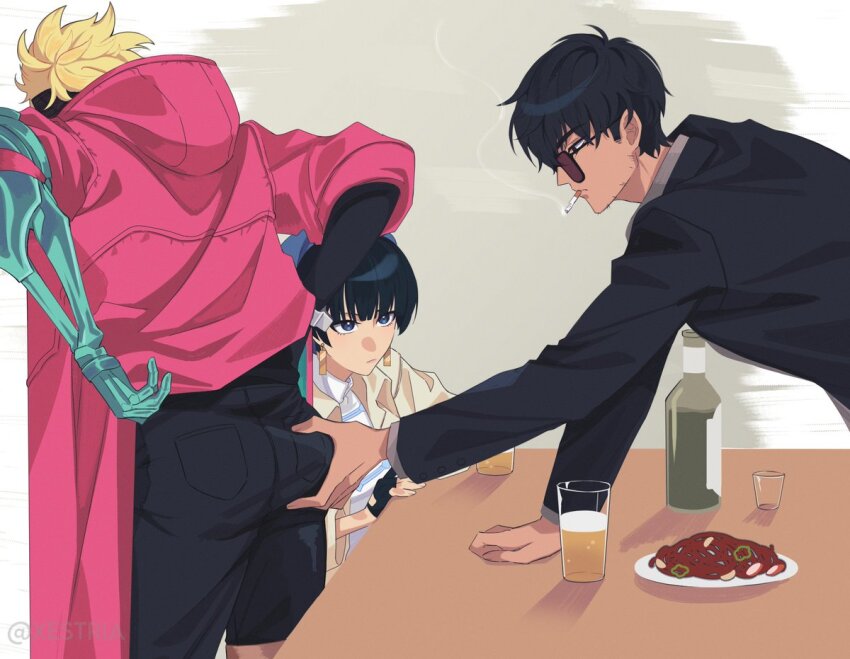 1girl, 2boys, adam22's_ass_grab_(meme), blonde_hair, cigarette, coat, facial_hair, feet_out_of_frame