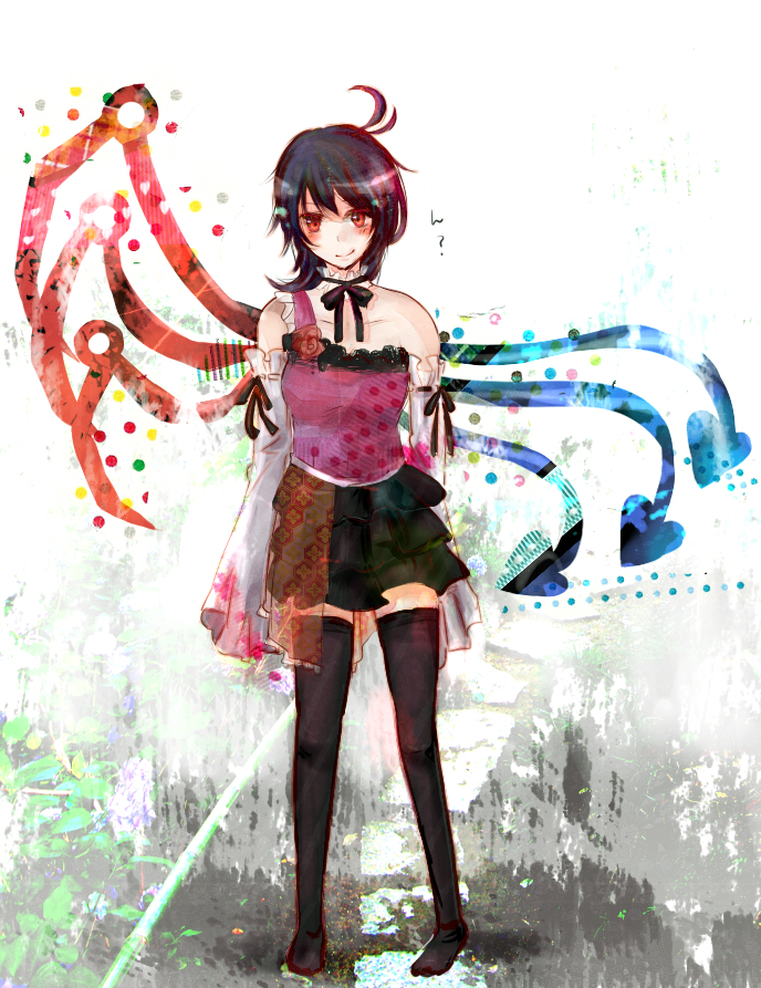 1girl, alternate_costume, asymmetrical_wings, bad_id, bad_pixiv_id, black_hair, black_thighhighs, contemporary