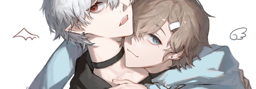 2boys, absurdres, blue_eyes, brown_hair, closed_mouth, drawn_wings, ear_piercing, fang