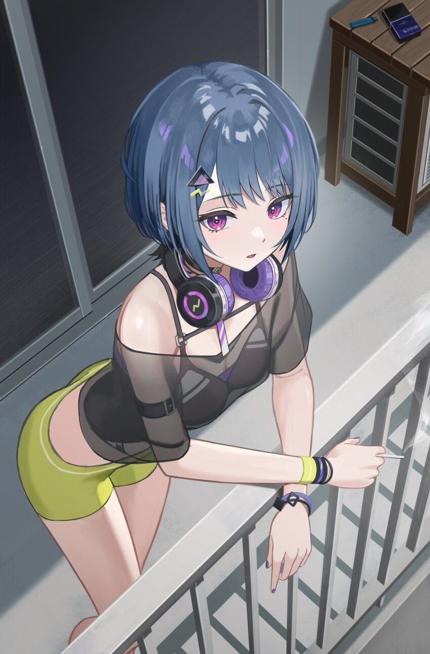 1girl, absurdres, air_conditioner, black_camisole, black_choker, black_shirt, blunt_bangs, breasts, camisole, choker, cigarette, cigarette_pack, condenser_unit, green_pants, grey_hair, hair_ornament, hairclip, hand_on_railing, handrail, headphones, headphones_around_neck, highres, holding, holding_cigarette, kit, koshimizu_toru, koshimizu_toru_(1st_costume), leaning_forward, lighter, looking_at_viewer, medium_breasts, nijisanji, pants, parted_lips, purple_eyes, ringed_eyes, see-through_clothes, shirt, short_hair, sliding_doors, smoking, solo, standing, triangle_hair_ornament, virtual_youtuber, wooden_floor