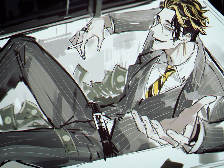 1boy, banknote, belt, black_belt, cigarette, collared_shirt, dollar_bill, earrings