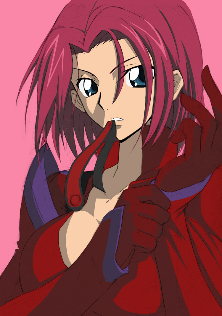 1girl, blue_eyes, bodysuit, breasts, code_geass, female_focus, kouzuki_kallen, large_breasts, long_hair, mouth_hold, red_hair, simple_background, solo, zero_(pixiv2005056)