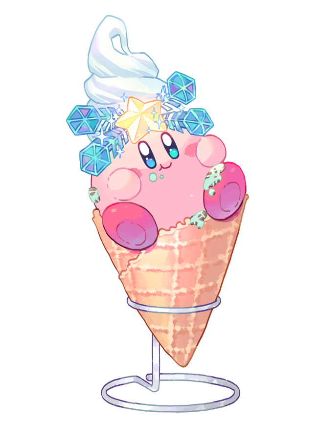 :t, blue_eyes, blush, blush_stickers, closed_mouth, food, food_on_face, full_body, hoshikuzu_pan, ice_cream, ice_cream_cone, ice_kirby, kirby, kirby_(series), looking_at_viewer, mint_chocolate, nintendo, simple_background, sitting, smile, snow_bowl_kirby, sparkle, star_(symbol), white_background