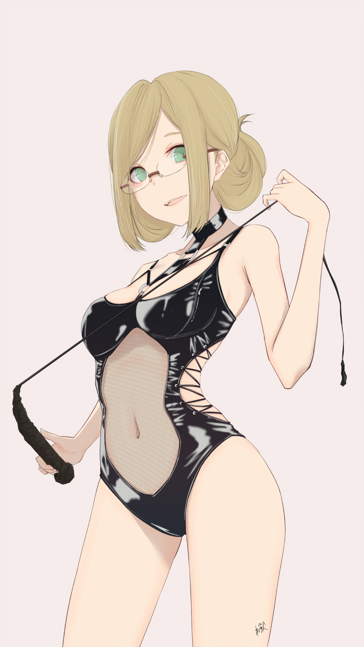 1girl, bdsm, breasts, brown_hair, collar, collarbone, dominatrix, duplicate, fishnets, folded_ponytail, glasses, green_eyes, highres, holding, holding_whip, kantai_collection, katori_(kancolle), latex, latex_leotard, leather, leotard, looking_at_viewer, medium_breasts, mesh, navel, neve_(morris-minicooper), open_mouth, pink_background, pixel-perfect_duplicate, simple_background, thighs, whip