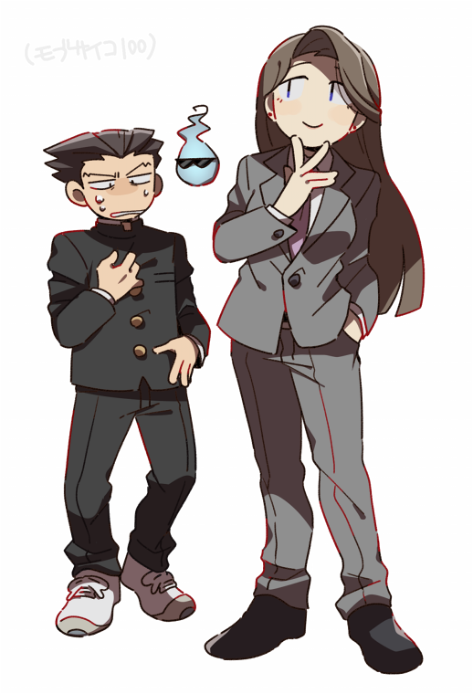 1boy, 1girl, ace_attorney, black_hair, black_pants, blue_eyes, brown_hair, buttoned_cuffs