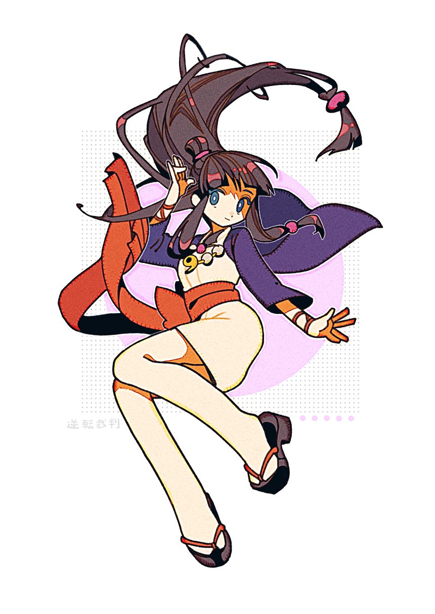 1girl, ace_attorney, black_hair, blue_eyes, blunt_bangs, floating, floating_hair, full_body