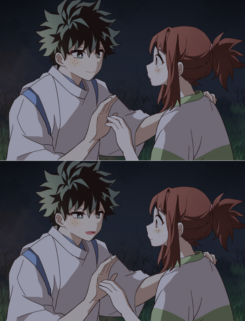 1boy, 1girl, 2koma, blue_kimono, blush, boku_no_hero_academia, brown_eyes, brown_hair