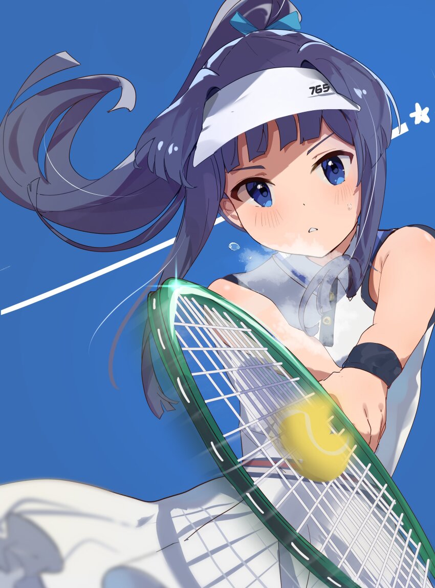 1girl, absurdres, ball, black_hair, blue_background, blue_eyes, blush, dot_nose