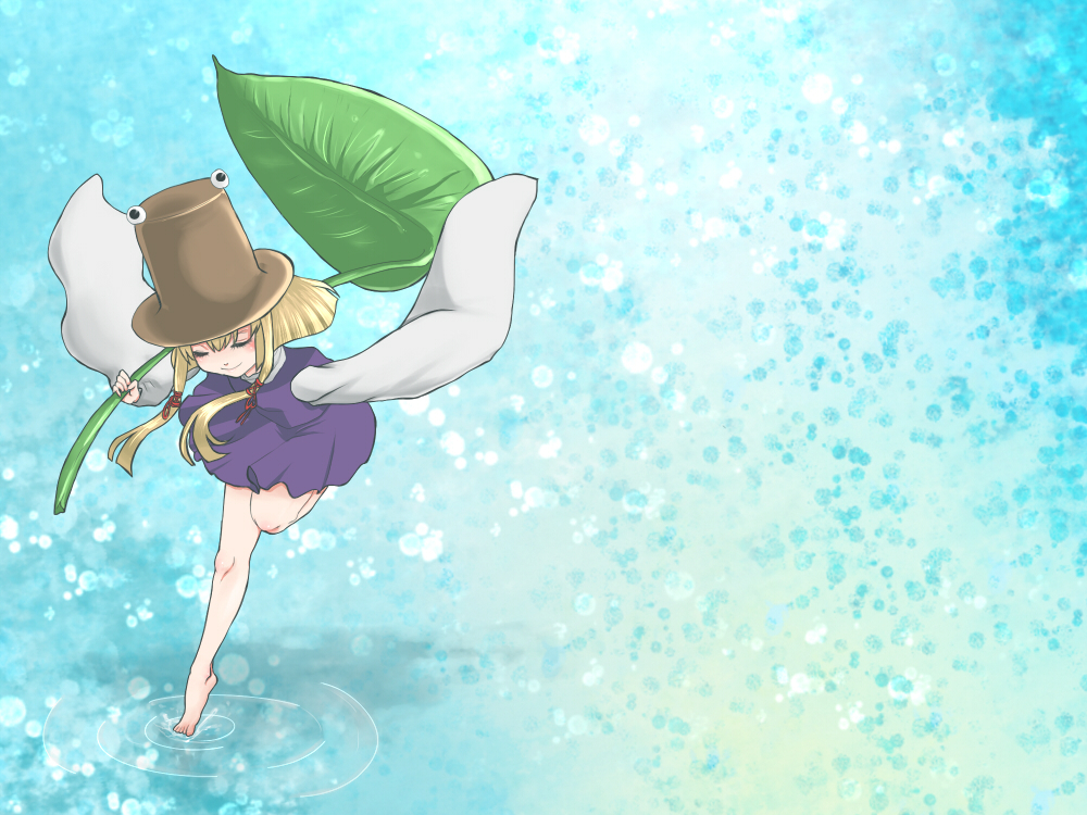 1girl, bad_id, bad_pixiv_id, barefoot, blonde_hair, chiruru_(artist), chuu_(45cm), female_focus, hat, leaf, moriya_suwako, short_hair, solo, touhou