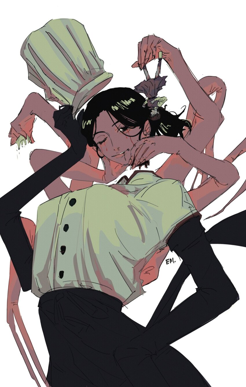 2girls, arms_behind_back, arthropod_limbs, black_eyes, black_hair, black_pants, blood, blood_from_mouth