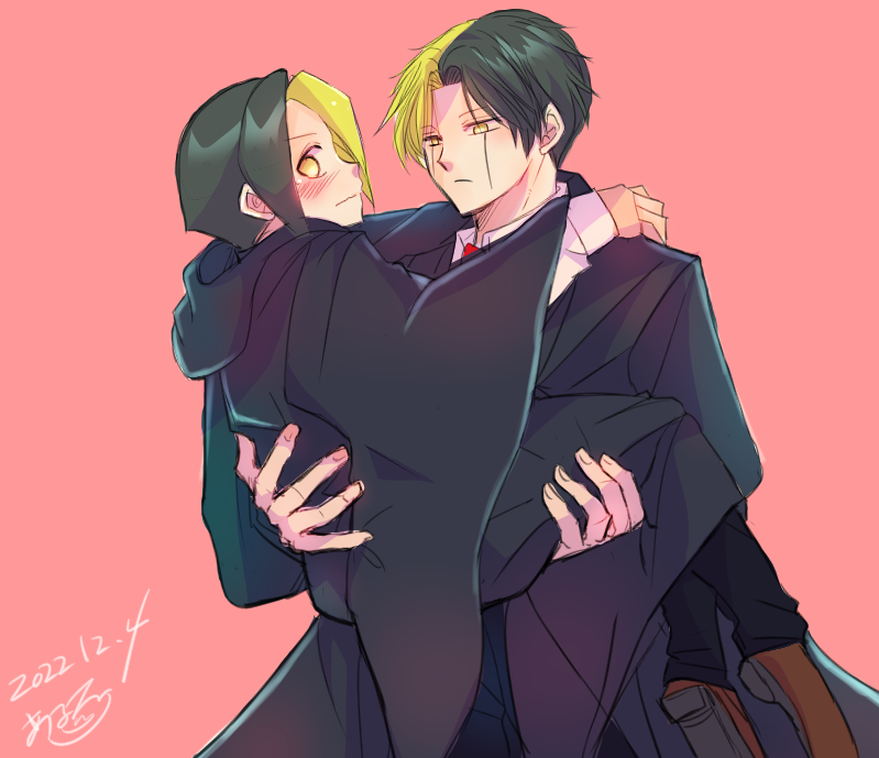 2boys, arunakurosaki, black_hair, blonde_hair, blush, brothers, brown_footwear, carrying, dated, finn_ames, hood, hood_down, male_focus, mashle, multicolored_hair, multiple_boys, pink_background, princess_carry, rayne_ames, robe, school_uniform, shoes, siblings, sketch, standing, two-tone_hair, wide_sleeves, yellow_eyes