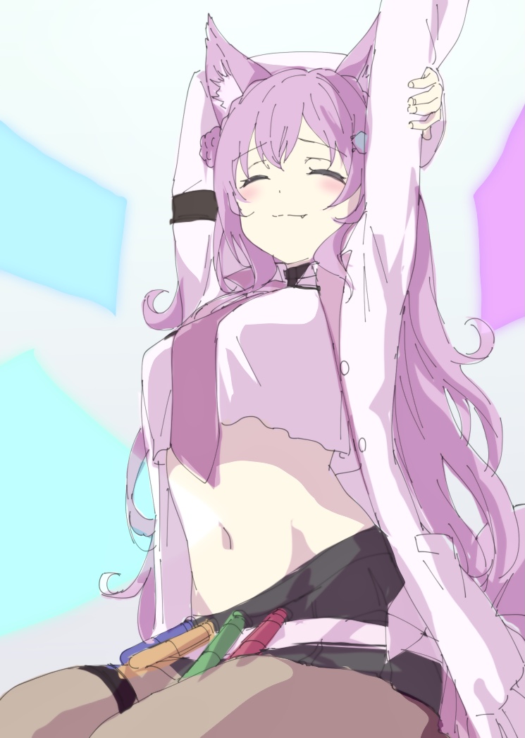 animal_ears, breasts, cat_ears, closed_eyes, closed_mouth, crop_top, fang, hakui_koyori, hololive, huge_breasts, midriff, navel, piiko, sketch, stretching, virtual_youtuber