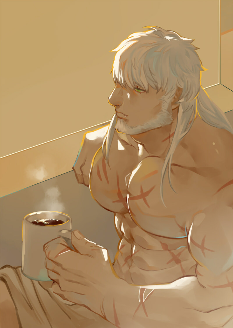 1boy, abs, bara, beard, cross_scar, cup, facial_hair, feet_out_of_frame