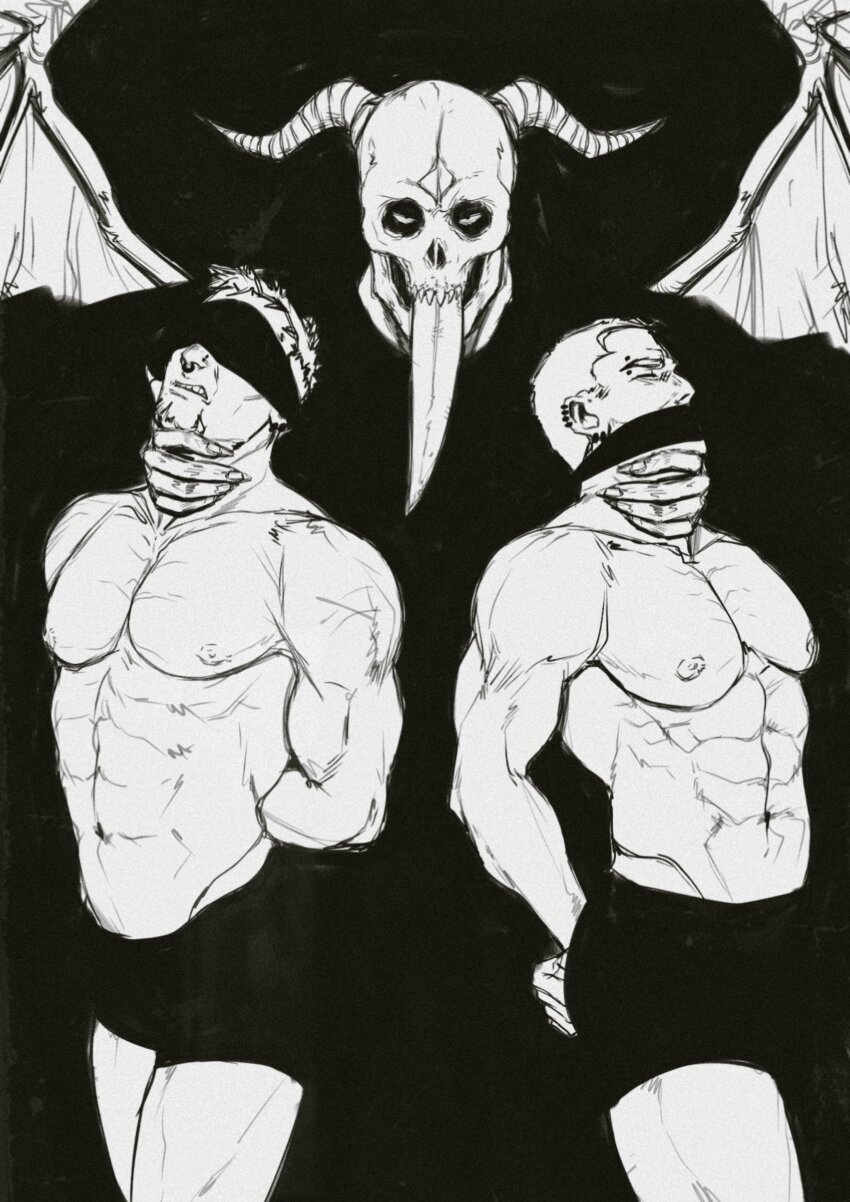 3boys, abs, absurdres, bara, blindfold, boxers, chidaruma, cloth_gag
