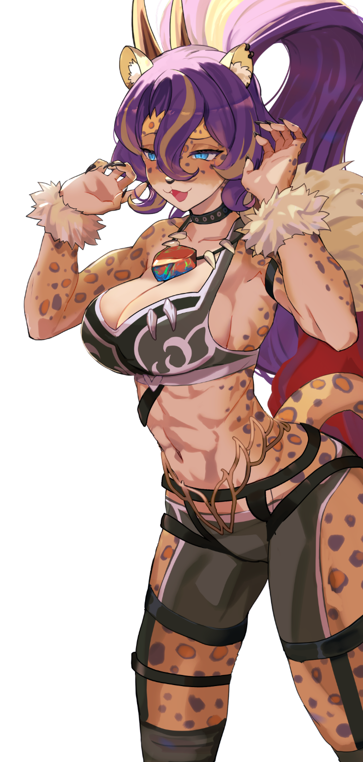 1girl, abs, animal_ear_fluff, animal_ears, blonde_hair, choker, claws, comic, duel_monster, furry, furry_female, hands_up, high_ponytail, highres, hsin, jewelry, leopard_ears, leopard_girl, long_hair, multicolored_hair, necklace, open_mouth, pants, ponytail, purple_hair, shorts, simple_background, solo, sports_bra, streaked_hair, tight_clothes, tight_pants, tooth_necklace, vanquish_soul_pantera, white_background, yu-gi-oh!