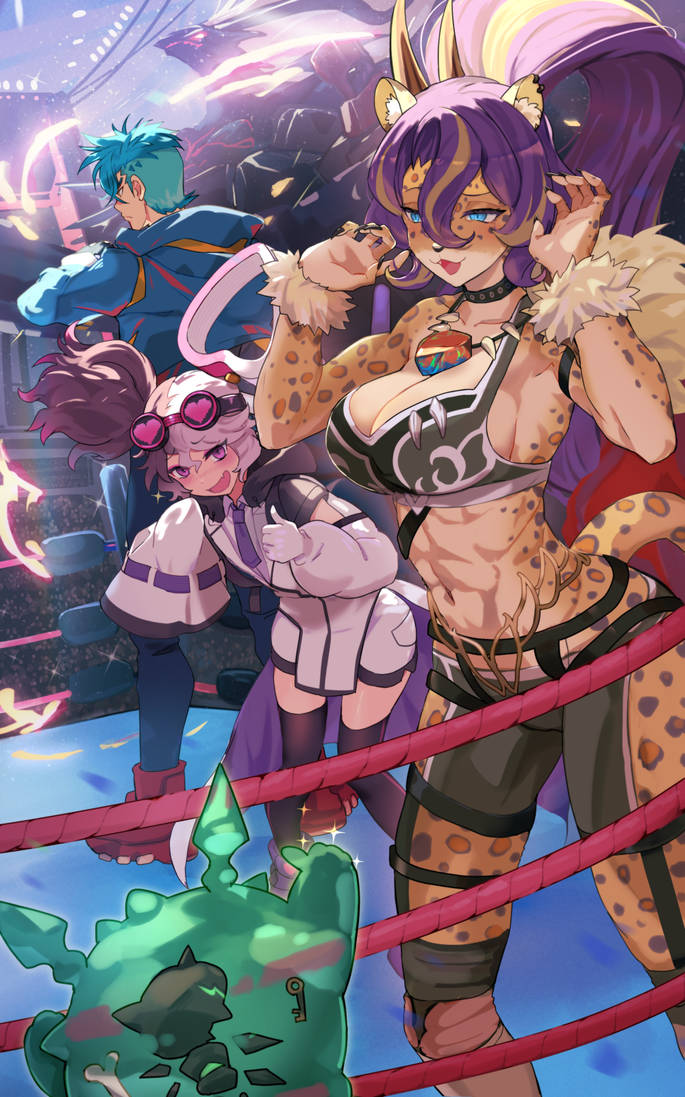 1boy, 2girls, abs, animal_ear_fluff, animal_ears, blonde_hair, blue_eyes, blue_hair, brown_hair, cat_ears, cat_tail, choker, claws, comic, crossed_arms, duel_monster, furry, furry_female, goggles, goggles_on_head, hands_up, high_ponytail, highres, hsin, jacket, jewelry, knee_pads, leopard_ears, leopard_girl, long_hair, multicolored_hair, multiple_girls, necklace, necktie, open_mouth, pants, pink_eyes, ponytail, purple_hair, shorts, sports_bra, streaked_hair, tail, thighhighs, thumbs_up, tight_clothes, tight_pants, tooth_necklace, vanquish_soul_caesar_valius, vanquish_soul_dr._mad_love, vanquish_soul_pantera, vanquish_soul_pluton_hg, vanquish_soul_razen, white_hair, wrestling_ring, yu-gi-oh!