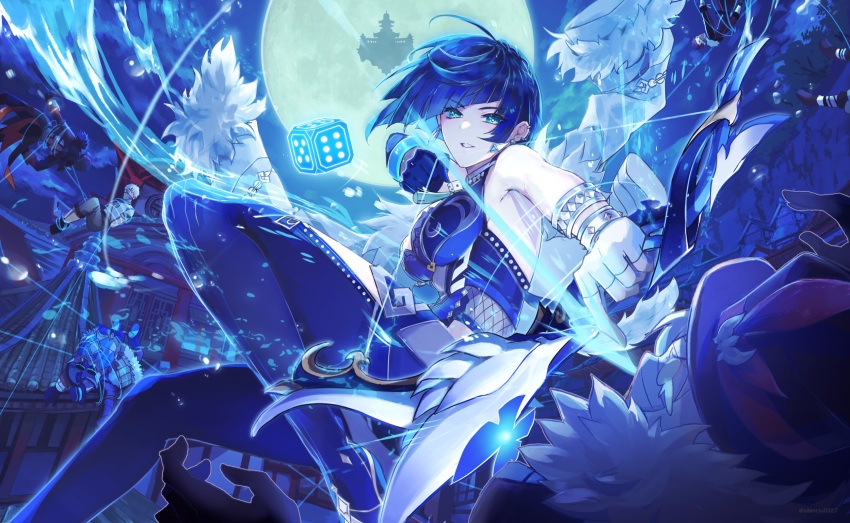 1girl, 6+boys, aqua_eyes, aqua_simulacra_(genshin_impact), architecture, armpit_peek, armpits, asymmetrical_gloves